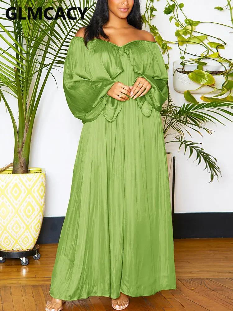 

Women Off Shoulder Long Sleeve Solid Loose Maxi Dress