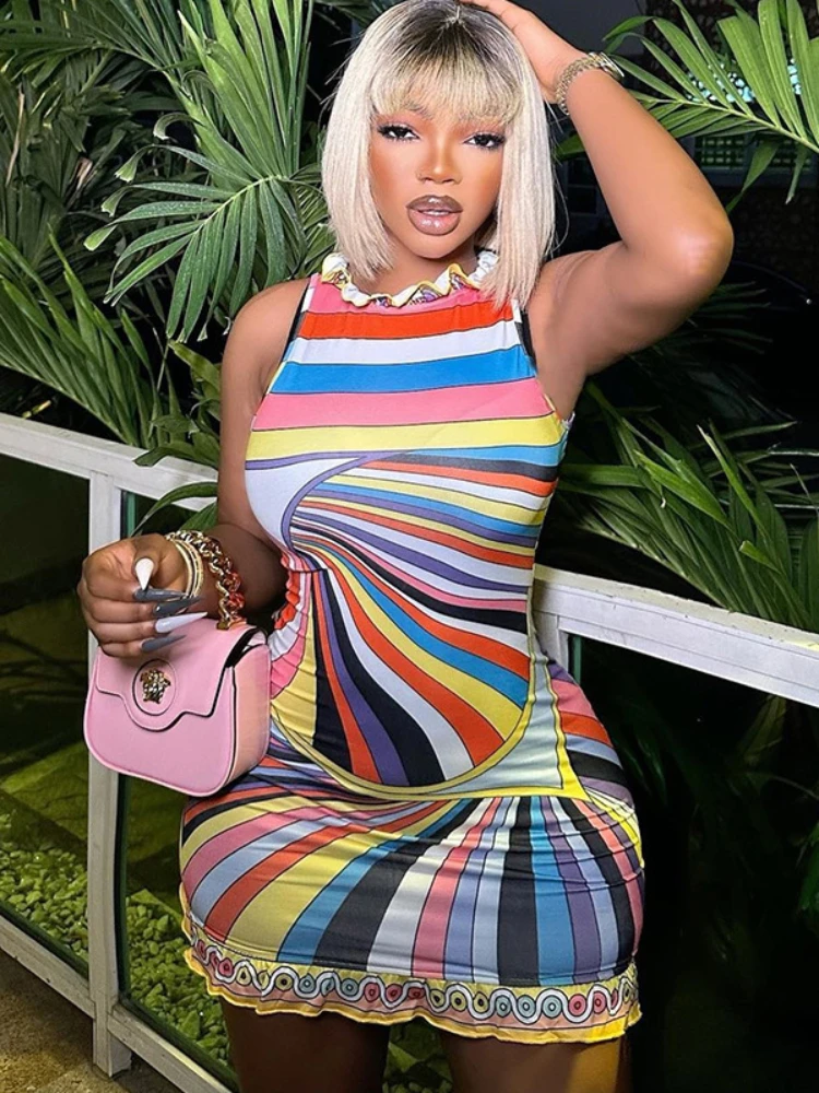 

Женский пуловер с принтом в полоску, Кружевное облегающее платье без рукавов и с запахом на бедрах, уличное платье для женщин, 2023