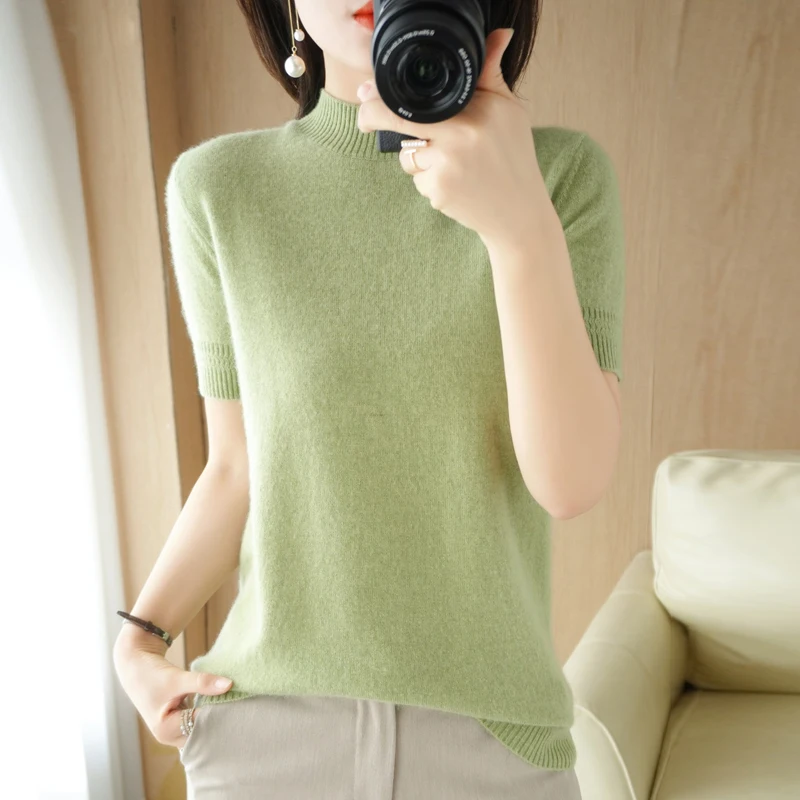 

Spring Summer New Short-sleeved Women Half-high Neck Slim Cotton Blend Pullover Vest T-shirt Knitted Base Casual Knit Sweater