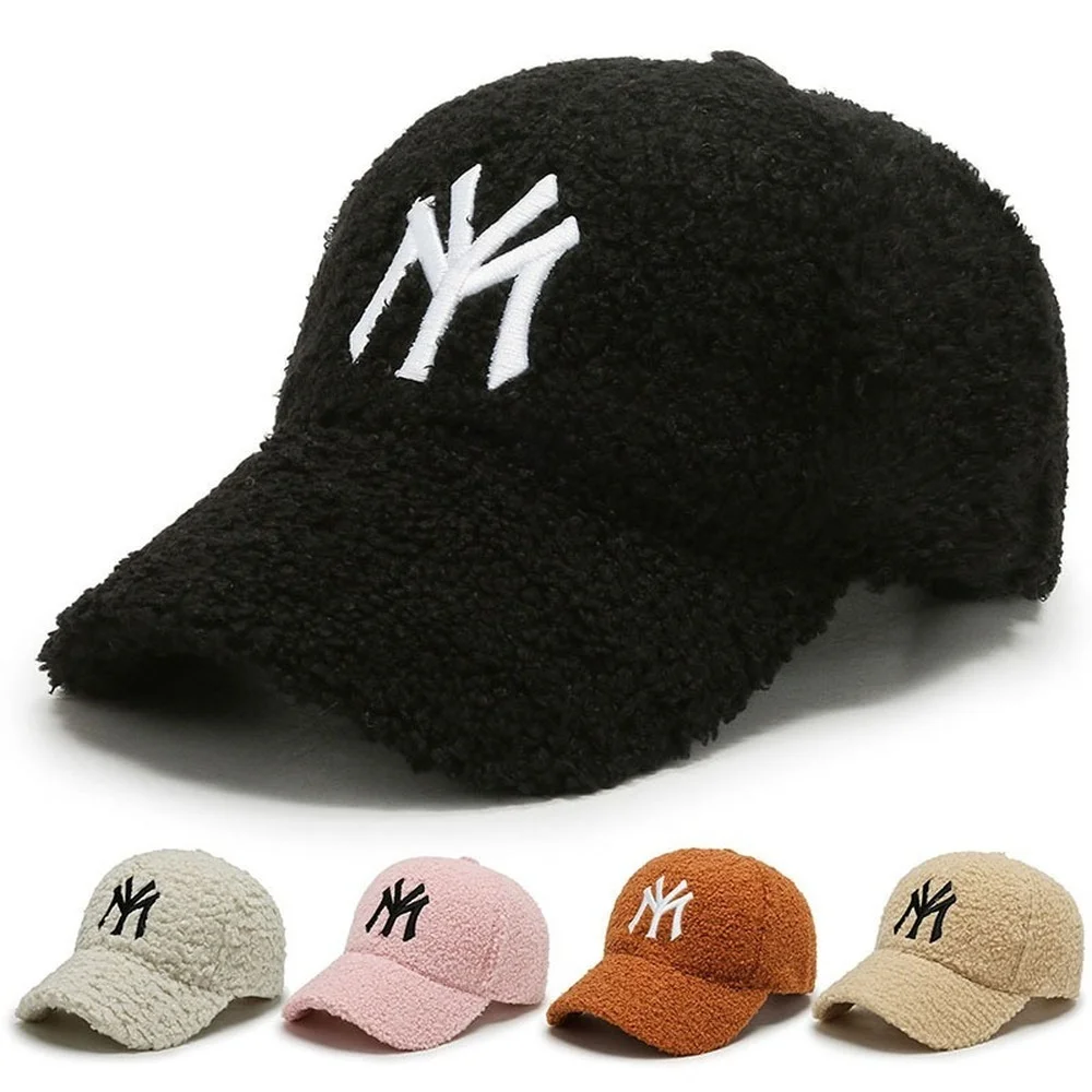 

Thick Winter Baseball Hat MY New York Letters Embroidered Women's Warm Tennis Cap Pompom Wool Caps Lambswool Casual Streetwear