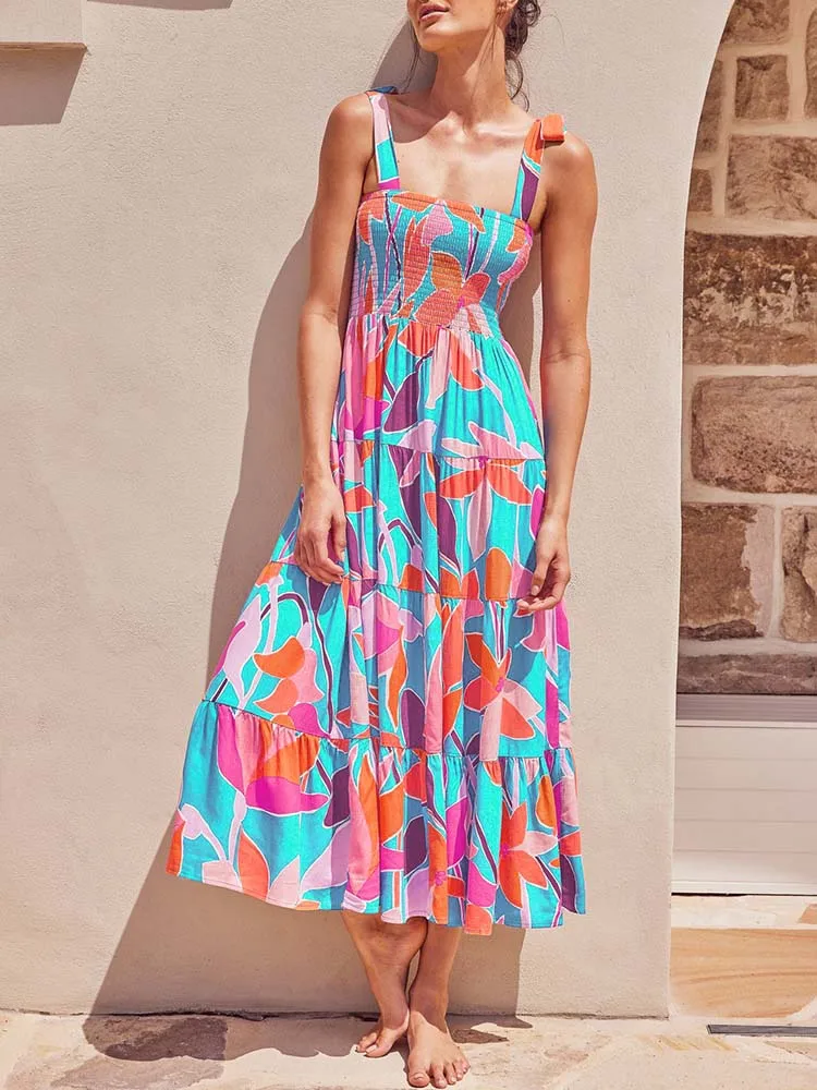 

Harajuku Vintage Elegant Floral Print Long Dress 2023 New Women Summer Casual Strap Bohemian Beach Party Dresses Women Clothing