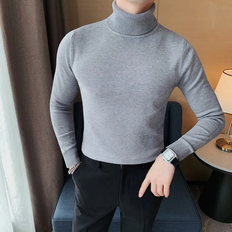 2022 Korean Slim Solid Color Turtleneck Sweater Mens Winter Long Sleeve Warm Knit Sweater Classic Solid Casual Bottoming Shirt