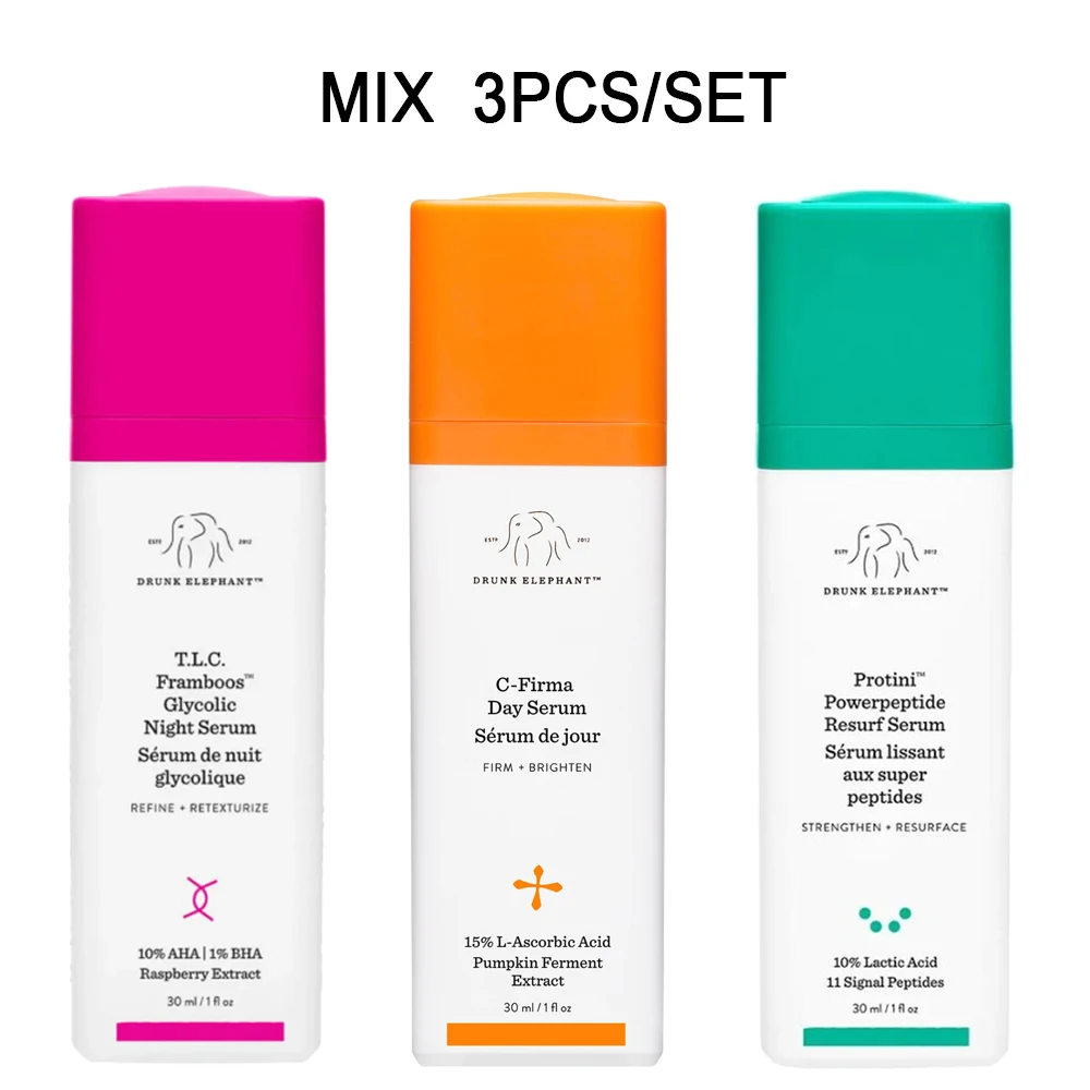 

Hot Sale Mix 3PCS/set Drunk Elephant Skincare Protini Resurf Serum/ C-Firma Day Serum / T.L.C Framboos Glycolic Night Serum 30ML