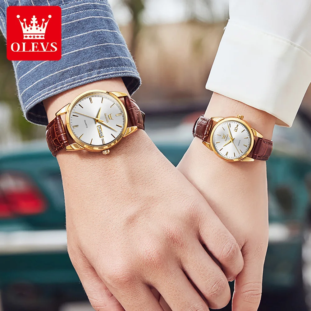 OLEVS 6898 Couple Wristwatch Quartz Waterproof Luminous Casual Watch With Calendar Leather Clock Valentine's Romantic Gifts Set