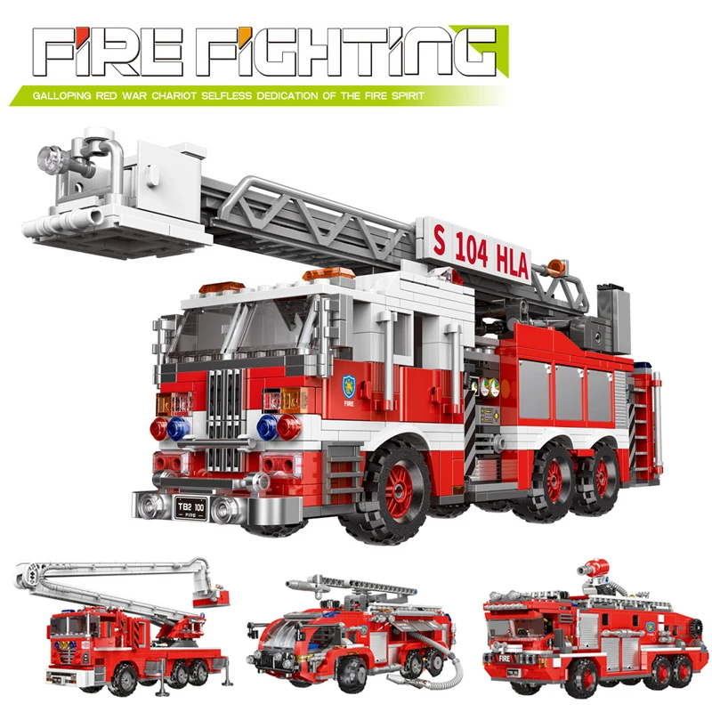 

City Fire Fighting Ladder Crash Truck Rescue Vehicle Technical Firefighter MOC Bricks Building Blocks Children Toys Kids Gifts