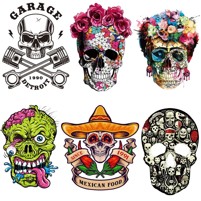 

Oeteldonk Sugar Skull Patches on Clothes Punk Iron on Transfers for Clothing Vinyl Themal Stickers Appliques for Man's T Shirt