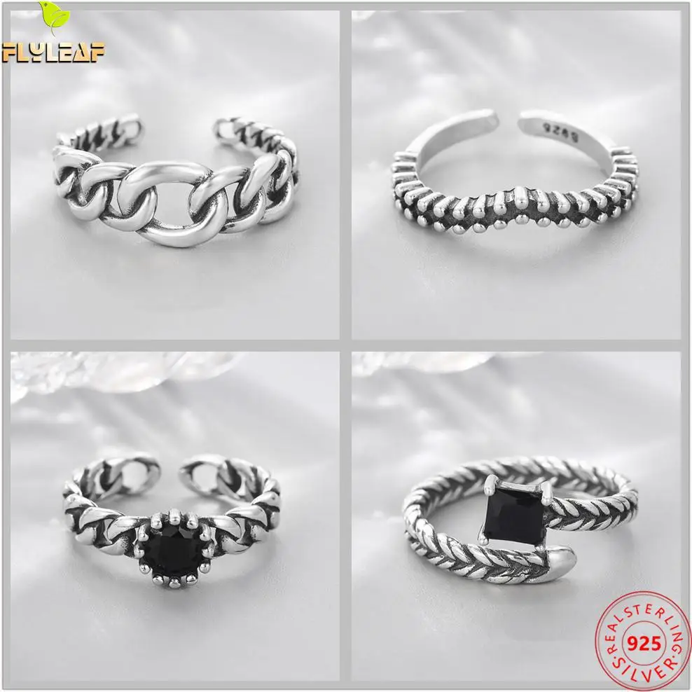 

Real 925 Sterling Silver Retro Black Zircon Open Rings For Women High Quality Wear Resistant Femme Vintage Jewelry 2022 New
