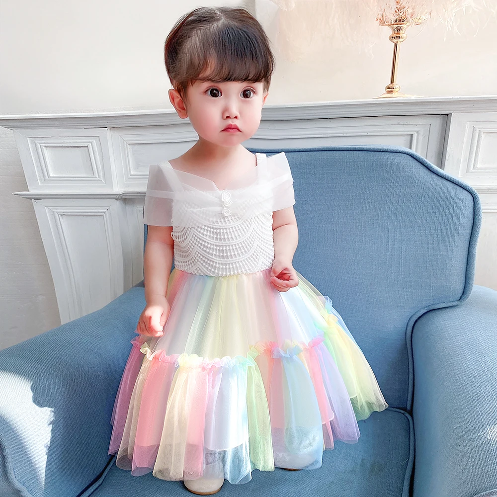 

Rainbow Lace Princess Toddler Birthday Party Newborn Children Baptism Baby Girl Clothes Summer Dresses White Vestidos 1 Years
