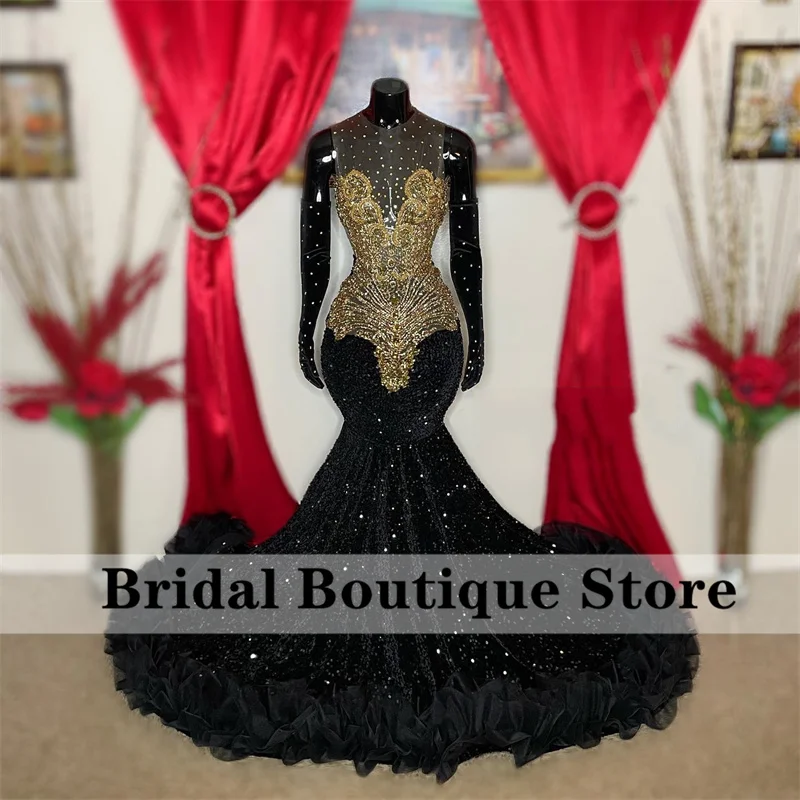 Купи Luxury Black Mermaid Prom Dress 2022 For Black Girls Two Gloves Glitter Sequins Ruffle Bead Rhinestone Evening Gown Robe De Bal за 10,080 рублей в магазине AliExpress