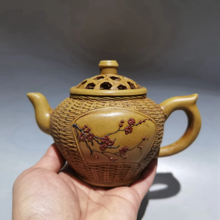 

Chinese Yixing Zisha Clay Teapot Hollow out bamboo weaving Pot old artist 400ml