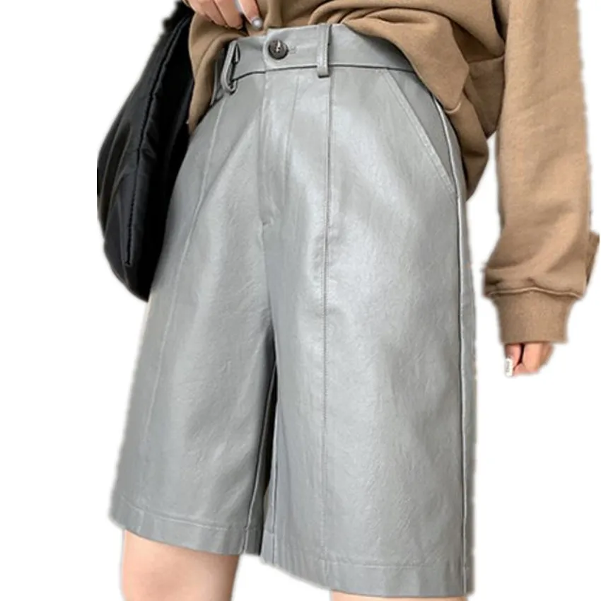 

Spring New Fashion PU Ankel Length Shorts Women High Waist Large Size Trousers