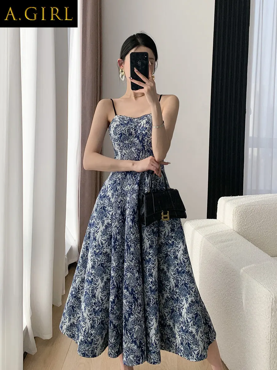 

A GIRLS Elegant Women New Floral Casual Midi Dress Spaghetti Strap Slim A-Line Maxi Vestidos Female Chic Vintage Mujers Robe
