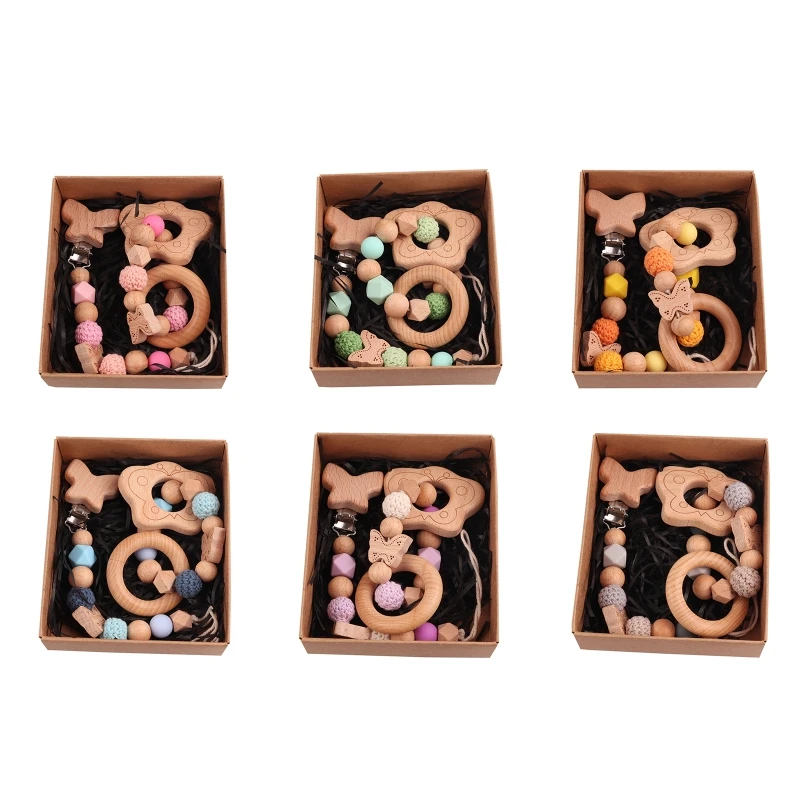 

2 Pcs Wood Teether Baby Rattle Toys Montessori Teething Rings Cute Cartoon Clutching Toy Wooden Sensory Shaking Games