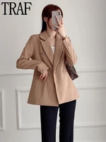 traf khaki office blazer women double breasted jackets for women 2022 long sleeve vintage female blazers autumn streetwear coats