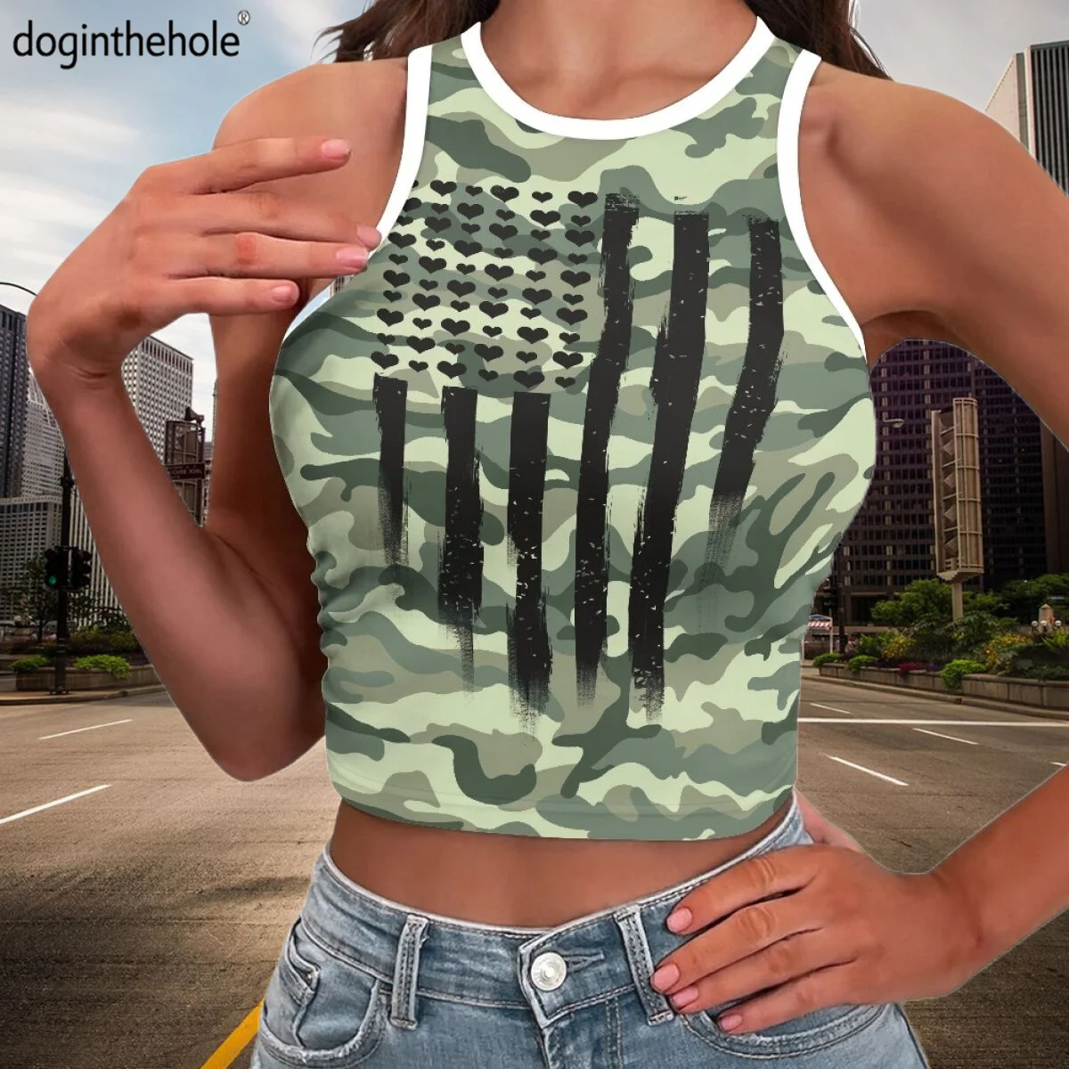 

Camouflage American independent Flag Printed Halter Crop Tops Women Summer Camisole Fashion Casual Tube Female Cropped Vest Gift