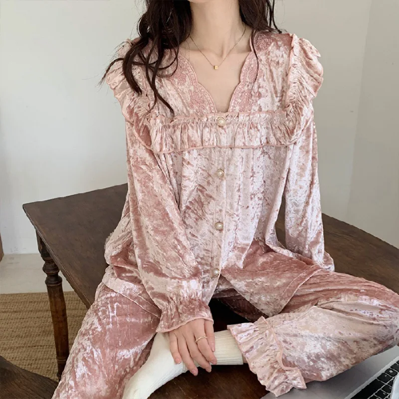 Solid Color Gold Velvet Women's Pajamas Sweet Beauty Homewear Suit Winter Casual Clothes Comfortable Sleepwear Free Shipping