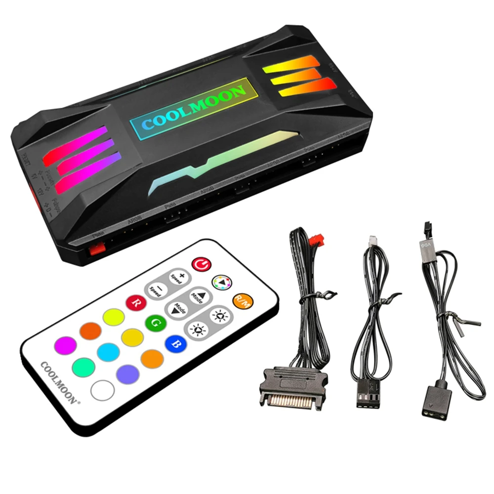 

COOLMOON ARGB Controller 4-Pin PWM Temperature Control 5V 3-Pin Synchronization Wireless Remote Control Chassis Fan Hub Black