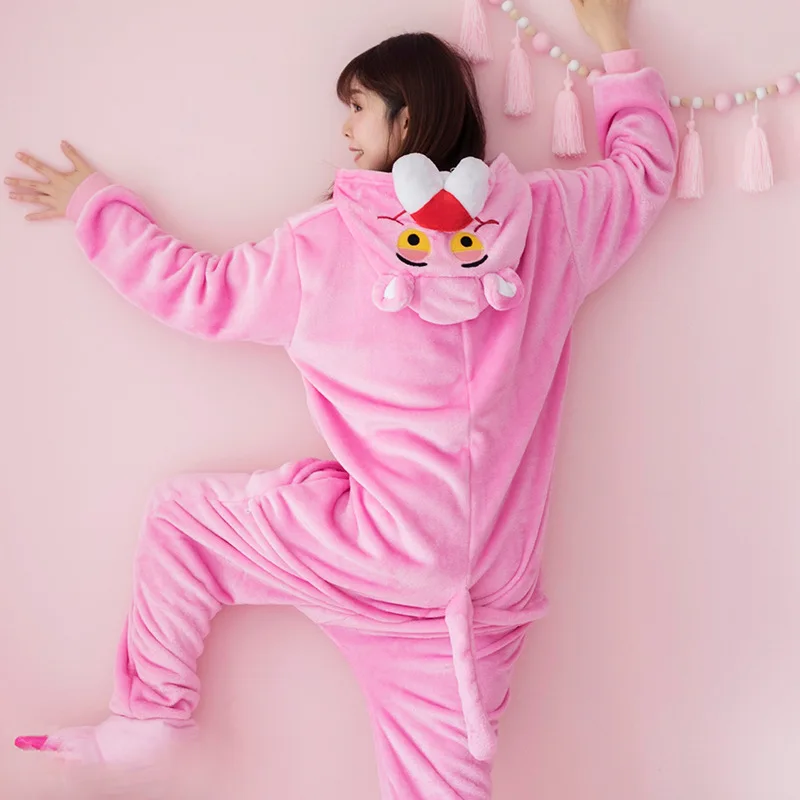 Unisex Winter Warm One-Piece Cartoon Pink Leopard Pajamas With Yellow Eye And Medium Length Tail Cute Comfort Sleepwear Cosplay