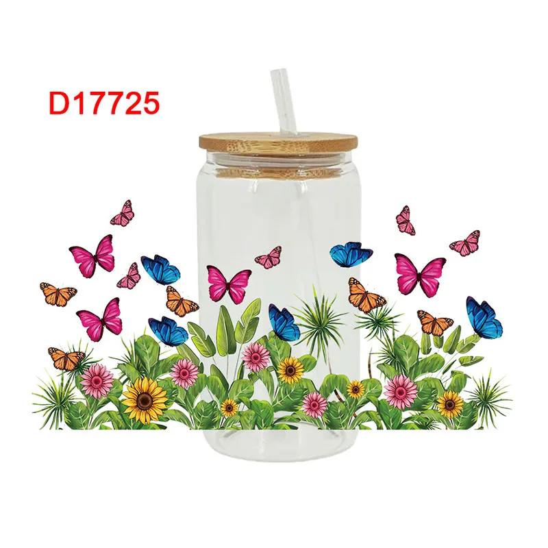 

3D УФ-трансферы DTF, наклейки на 16 унций, обертывания для чашек, растения, цветов, бабочек, с принтом для DIY, стекла, керамики, металла, кожи и т. д. D17234