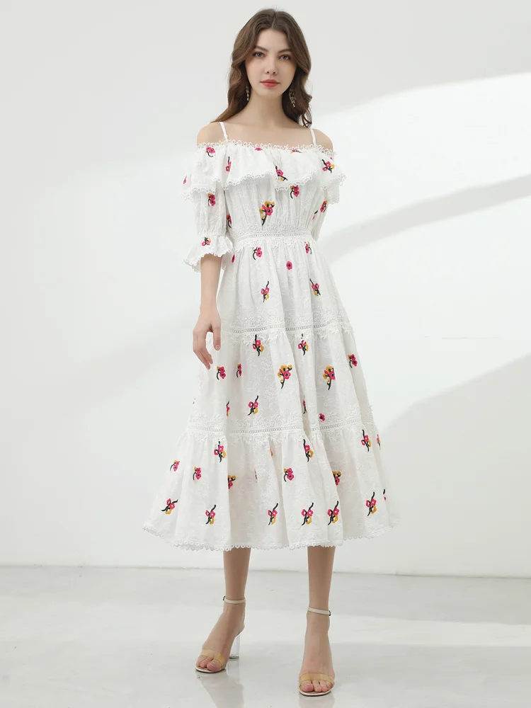 

Runway New Women's Summer Fashion High Quality Gorgeous Embroidered Elegant Designer Vacation Celebrity Casual Party Midi Dress