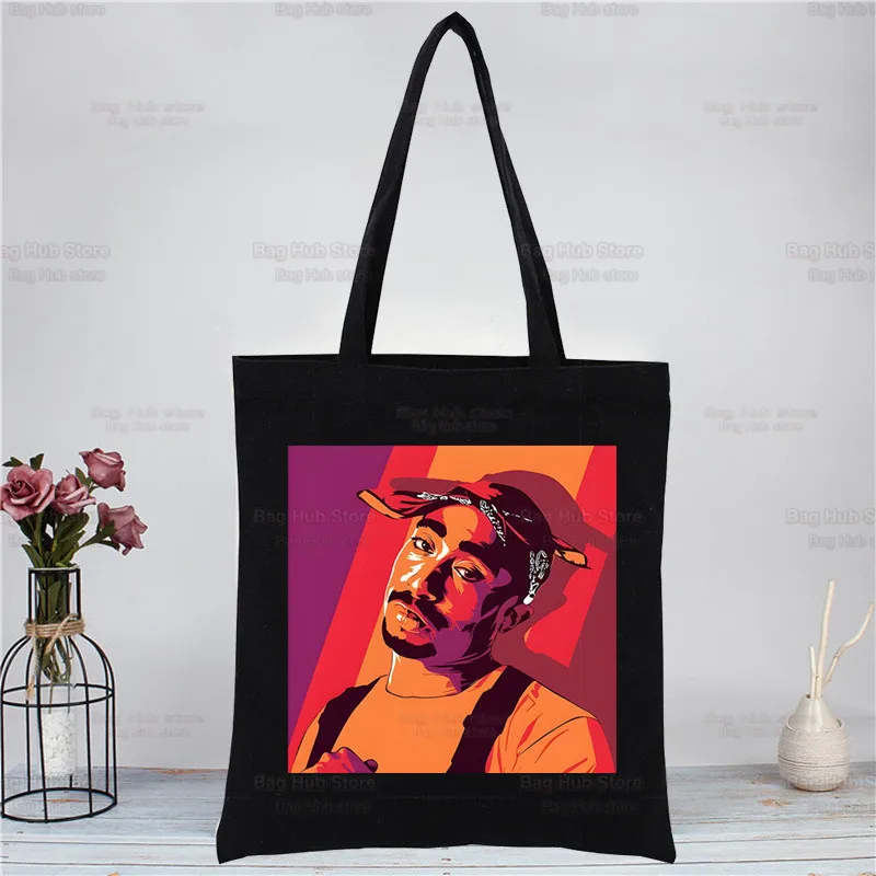 

Rapper Tupac 2pac Hip Hop Tote Bag Shopping Original Design Black Unisex Travel Canvas Bags Eco Foldable Shopper Bag