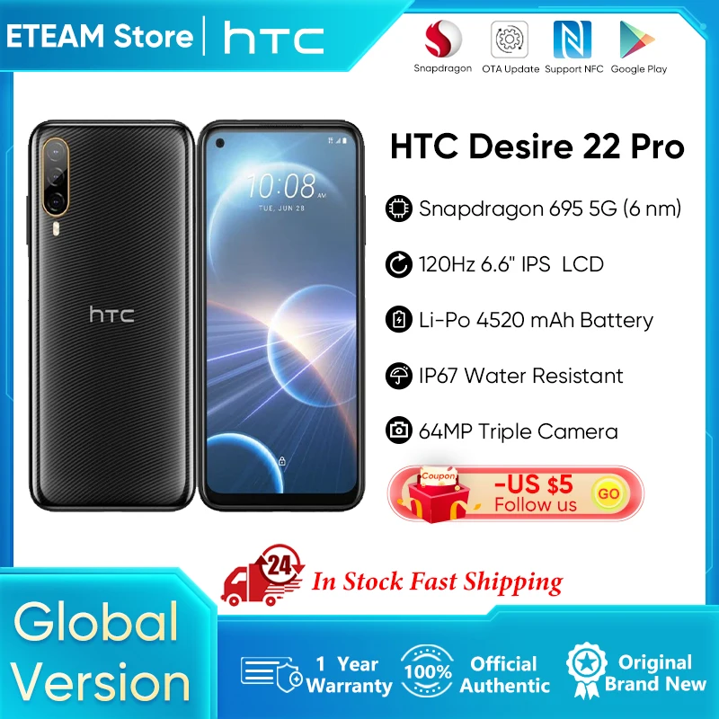 Original New HTC Desire 22 Pro Global Smartphone 6.6 inch octa core dual sim card 8GB+128GB 64MP NFC 4520MAH mobile phone