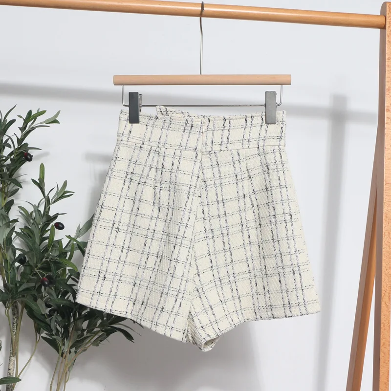Women's Irregular High Waist Shorts Skirt New Vintage Plaid A Line Casual Office Lady French Sweet Shorts Tweed Female summer