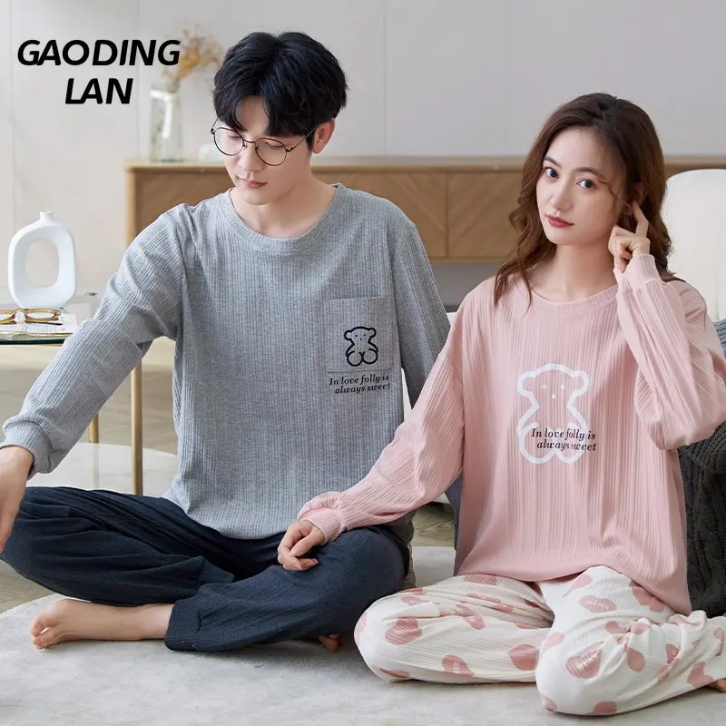 

Long Sleeve Couple Letter Bear Print Women Pajamas Set Autumn Winter Pure Cotton O Neck Home Sleepwear Lover 2Piece Pyjamas Suit