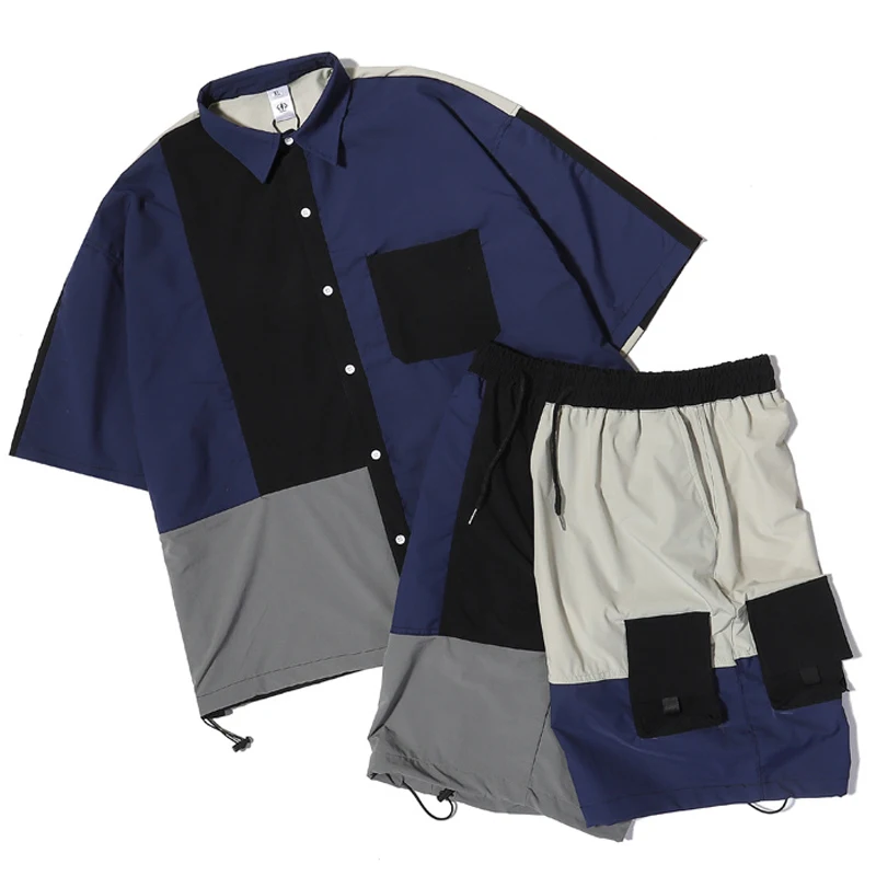 

Mens Short Sleeve Shirts Sets Patchwork Color Block Blouses Shorts 2022 Summer Unisex Oversize Casual Hawaii Set Streetwear Pant
