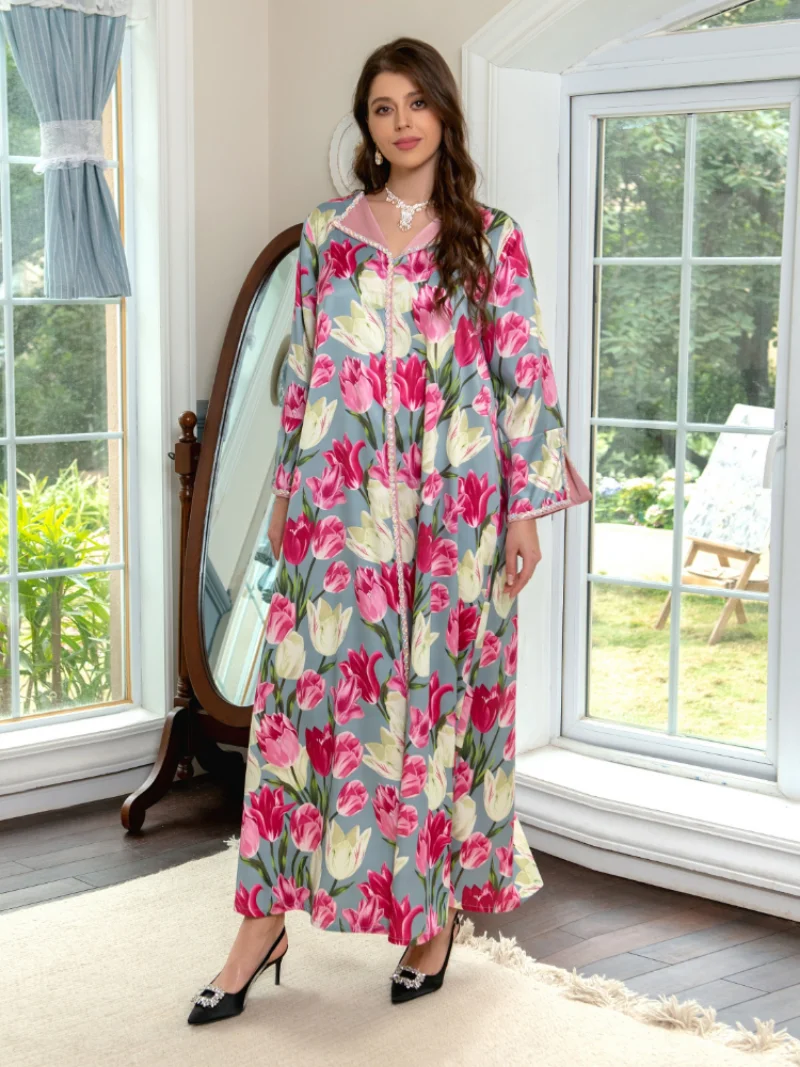Eid Party Muslim Abaya Dress Women Lapel Ramadan Mubarak Dubai Turkey Islam Robe Caftan Morocco Floral Print Maxi Vestido 2023