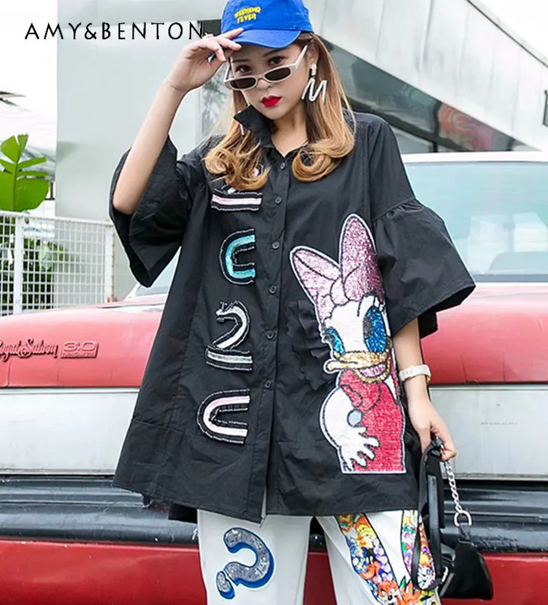 

Модная брендовая рубашка средней длины с мультяшным принтом, свободное платье-рубашка с рукавами-колокольчиками для женщин, Летняя Повседневная рубашка, топы для женщин