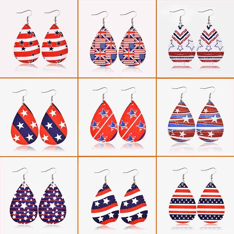 

New Independence Day Leather Earrings US Flag Color Water Drop Leather Earrings Five-pointed Star Stripe Ear Rings Wholesale