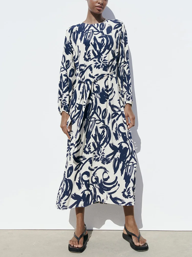 

Новинка в платьях, женская одежда 2023, модное женское винтажное платье с принтом, женское платье с круглым вырезом, длинным рукавом, завязкой ...