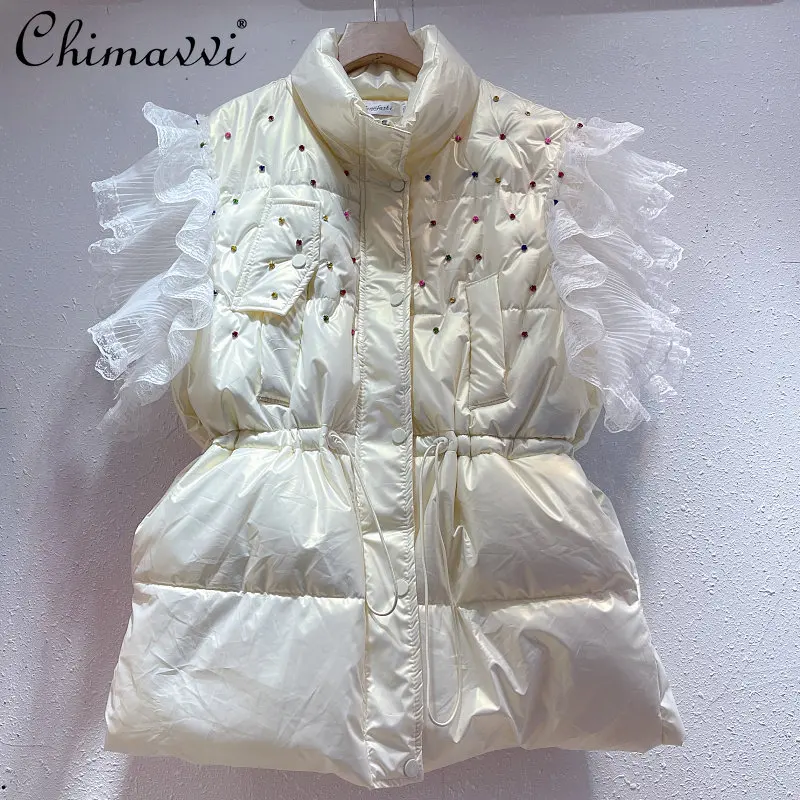 

Korean-Style Rhinestone Beaded Vest Lace Ruffled Stitching Drawstring Waist Trimming Loose Cotton Vest Female Fall Winter Coat