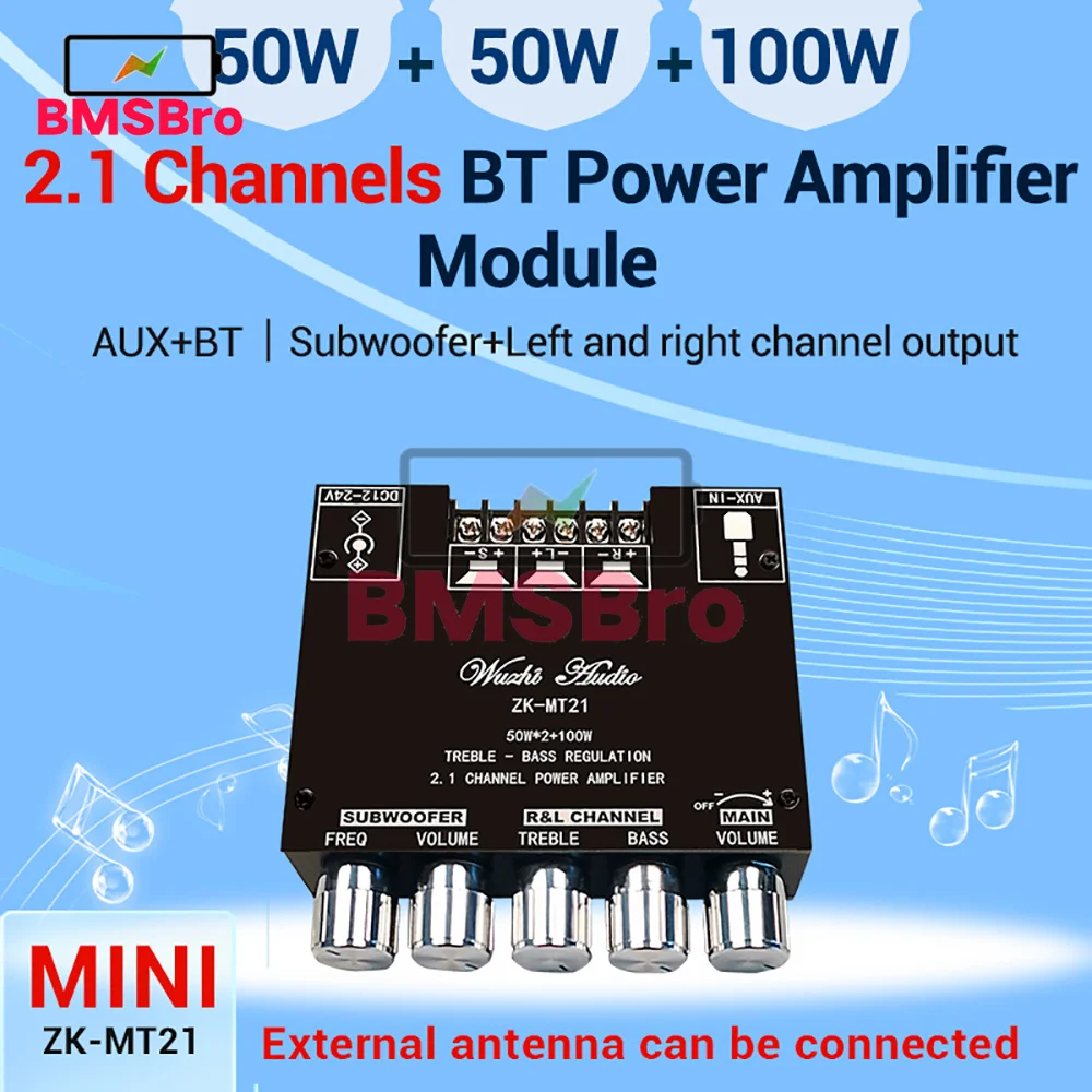 

50W+50W+100W 2.1 Channel AUX Bluetooth Audio Power Amplifier Board Frequency Treble Bass Volume Control for Speaker Subwoofer