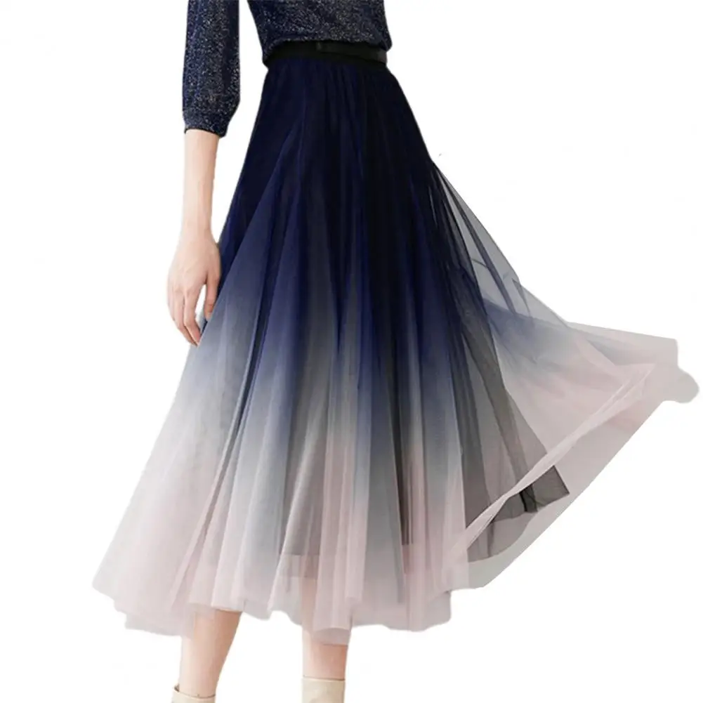

Loose Skirt Dancing Skirt Stunning Gradient Pleated Maxi Skirt for Women Elegant Tulle High Waist Elastic Waistband Loose A-line