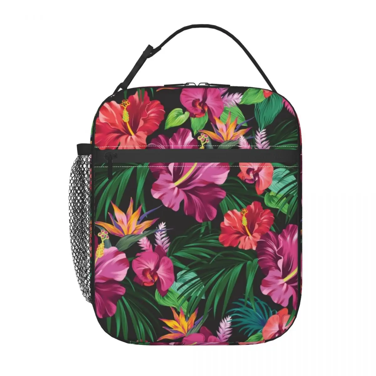 

Juicy Tropical Lunch Bag with Handle Floral Leaves Print Office Mesh Pocket Cooler Bag Zipper Pearl Cotton Beautiful Thermal Bag