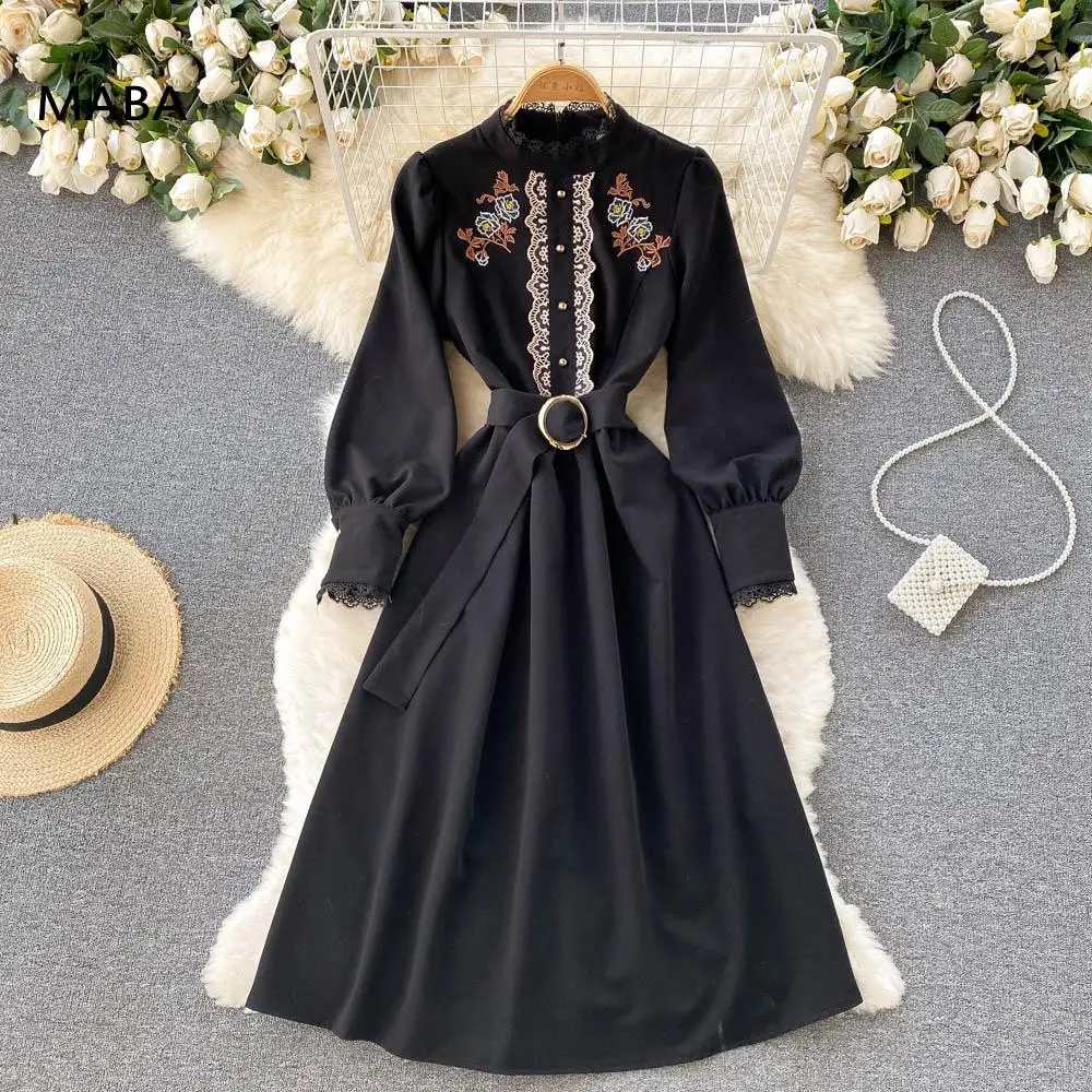 

High Quality Embroidered Black Dress Women Dress 2021 Autumn Winter Stand Collar Long Sleeve Floral Elegant Chic Runway Dresses