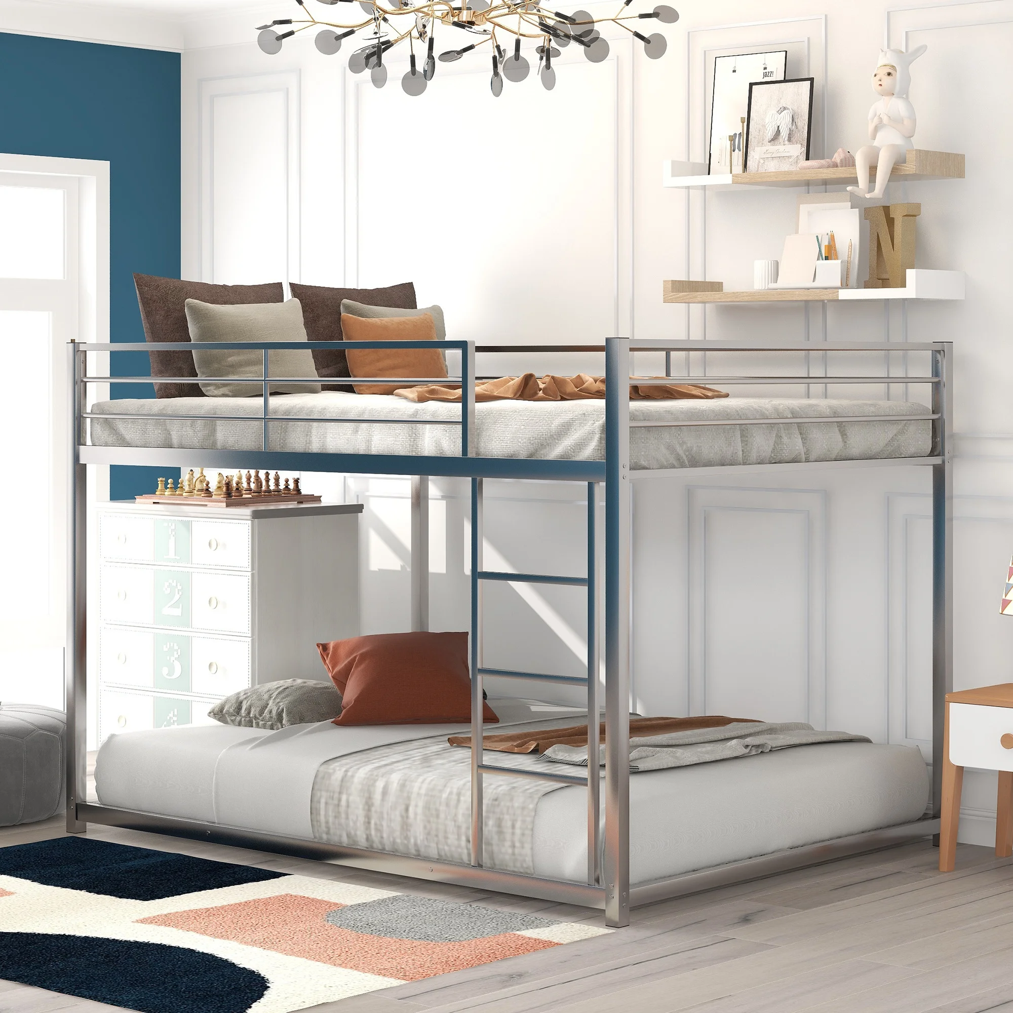 

Home Modern Wooden Bedroom Furniture Beds Frames Base Full Over Full Metal Bunk Bed With Ladder And Full-length Guardrail Silver