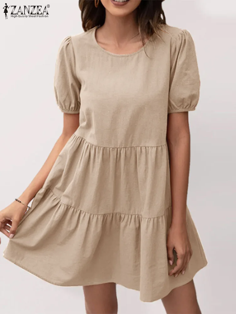 

2023 ZANZEA Summer Fashion Party Dresses Woman Puff Sleeve Dress O-Neck Solid Cotton Robe Female Vestidos Elegant Beach Sundress