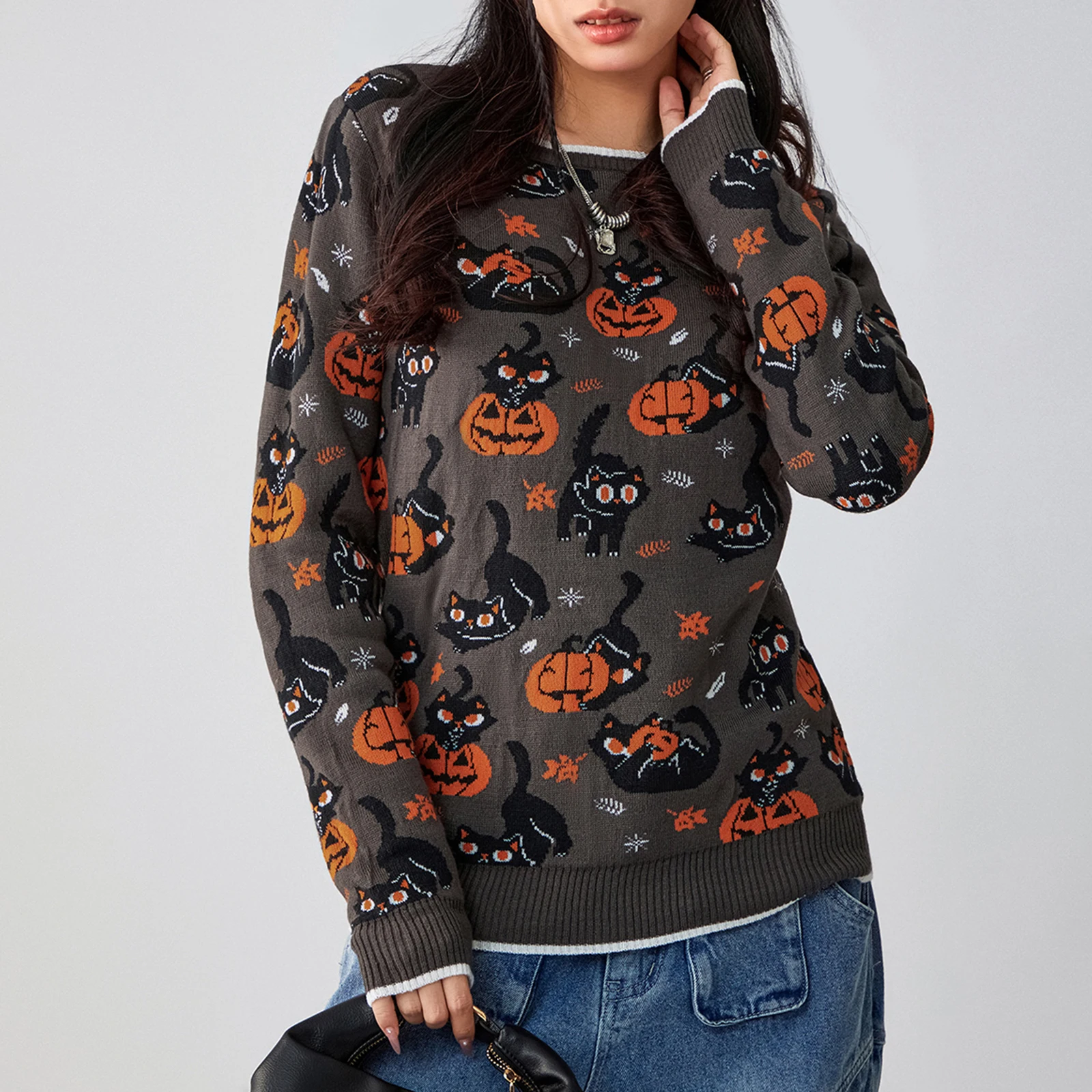 

Halloween Sweaters Women Cute Cartoon Pumpkin Print Long Sleeve Round Neck Pullover Casual Loose Knit Tops