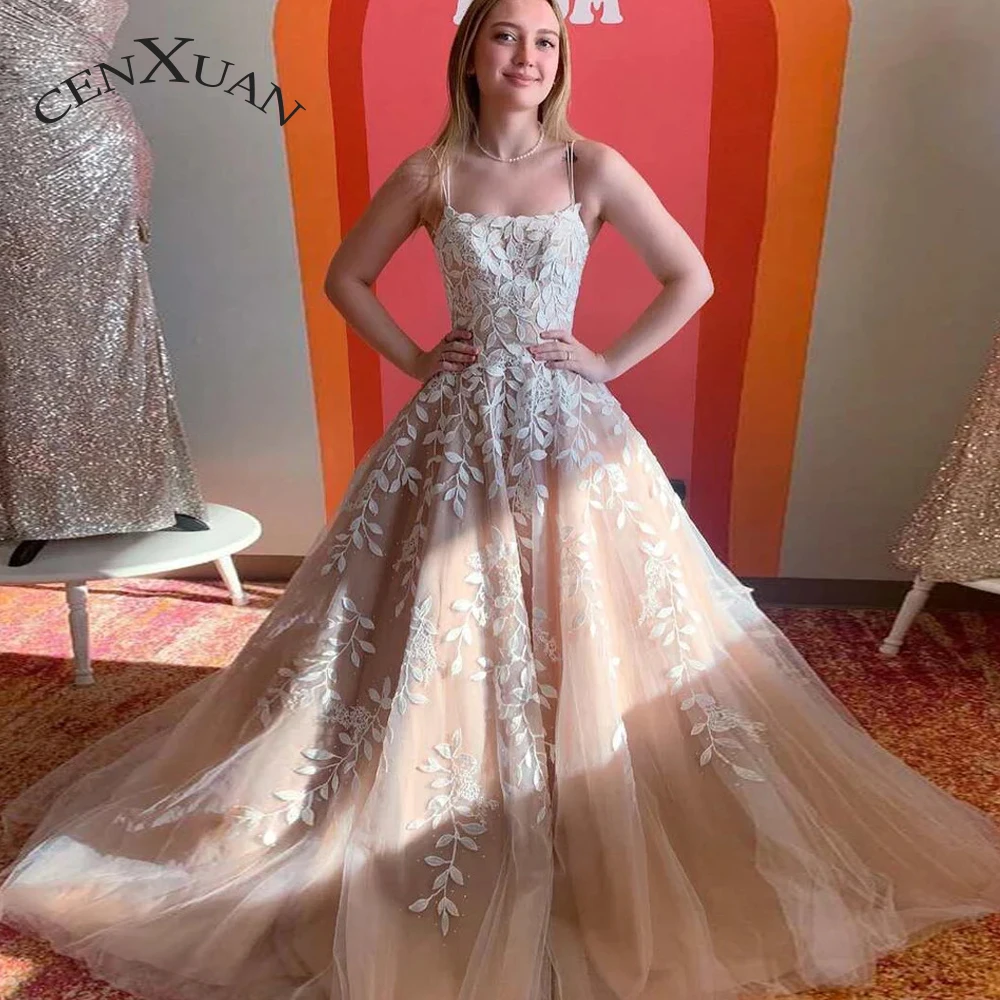 

CENXUAN Fashionable Prom Dresses Spaghetti Straps Leaf Appliques Lace up A-line Sweep Train 2023 Robes De Soirée Custom Made