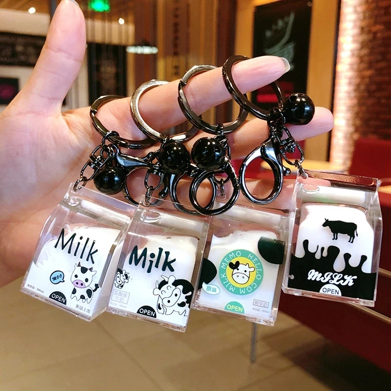 

Creative Decompression Dairy Cow Milk Drinks Acrylic Keychain Moving Liquid Milk Keyrings Drift Bottle Keyfob Jewelry Kids Gifts