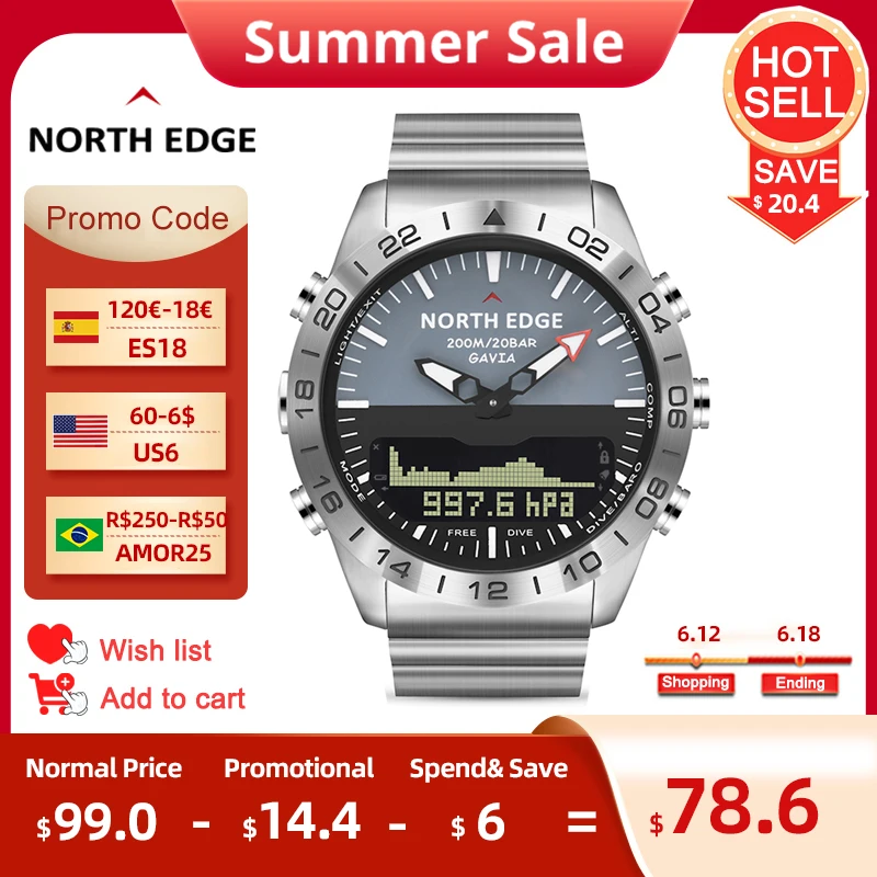 Men Dive Sports Digital watch Mens Watches Military Army Luxury Full Steel Business Waterproof 200m Altimeter Compass NORTH EDGE