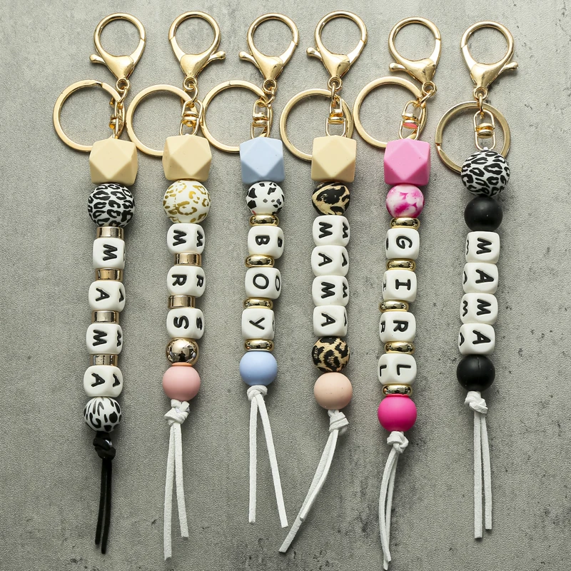 

Silicone Beads Keychain For Women Men Letter MAMA Girl Keychain Keyring For Keys Car Jewelry Accessories