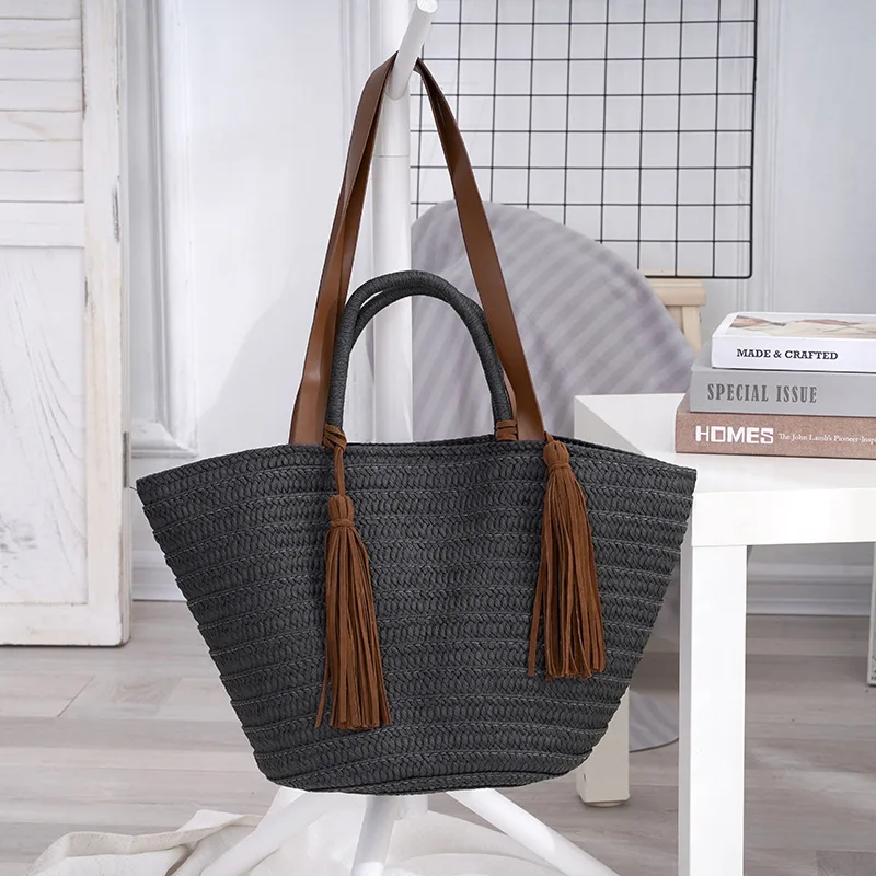 

Casual Tassel Straw Bag Paper Woven Women Shoulder Bags Handmade Lady Handbags Bohemian Summer Beach Bag Large Tote Purses 2022