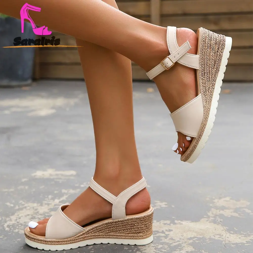 

Summer Wedge Heels Sandals For Women 2023 New Fashion Vintage Straw Office Ladies Sandals Simply Casual Ankle Buckle Shoes