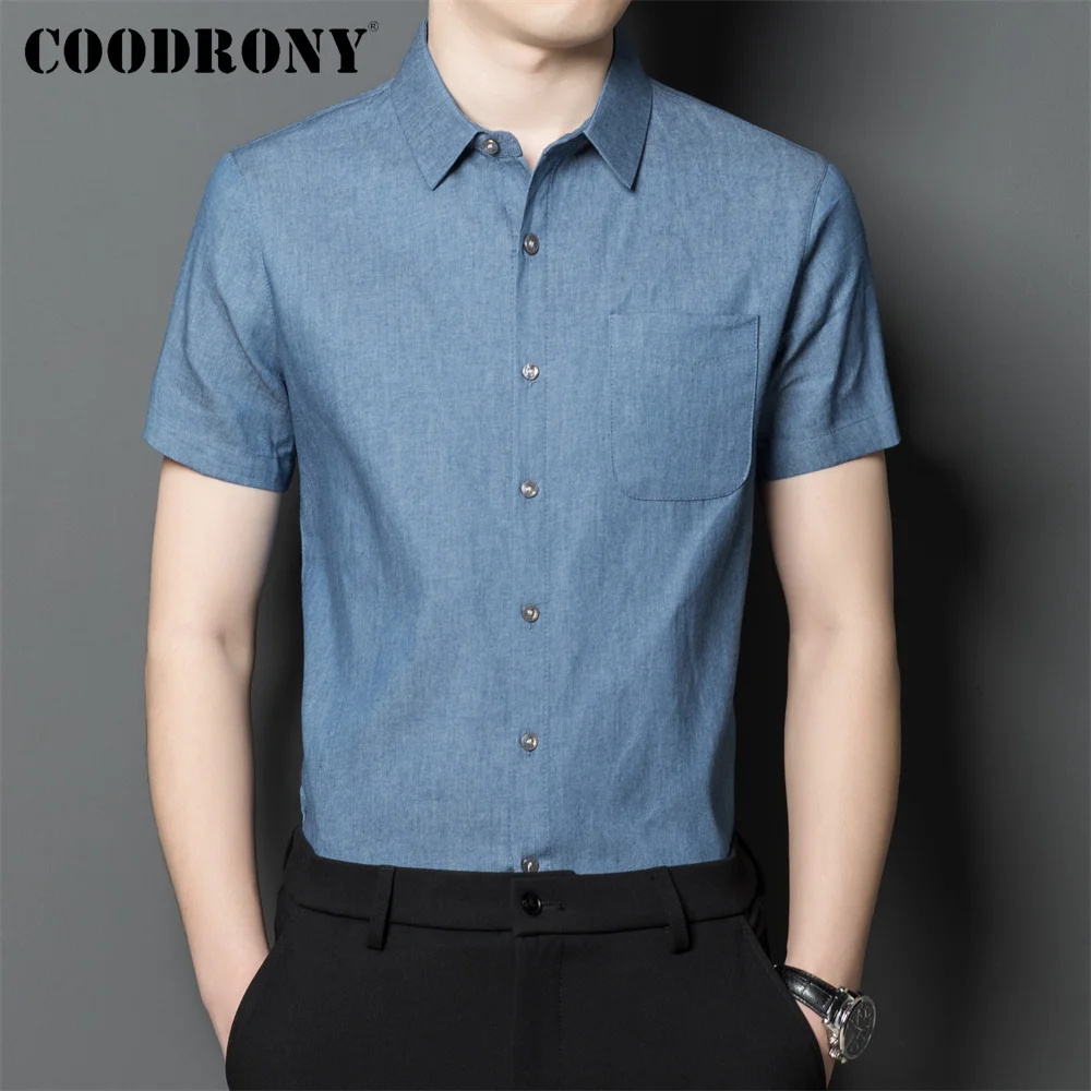 

COODRONY брендовая уличная модная летняя Новинка Мужская рубашка из 100% хлопка с коротким рукавом Повседневная мужская приталенная одежда с кар...