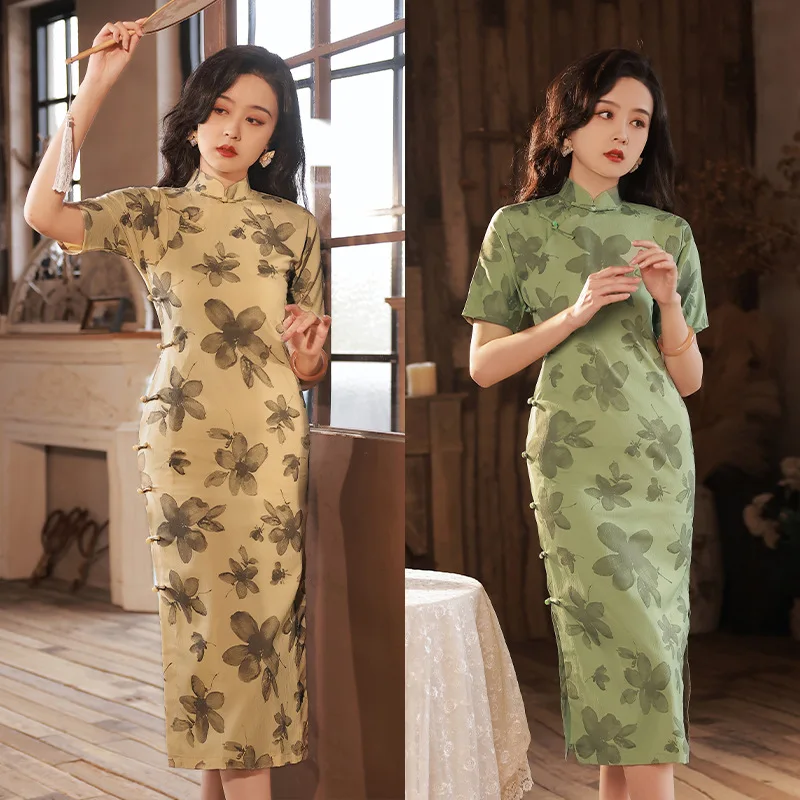 

Women Print Elegant Short Sleeve Button Cheongsam Chinese Traditional Stand Collar Qipao