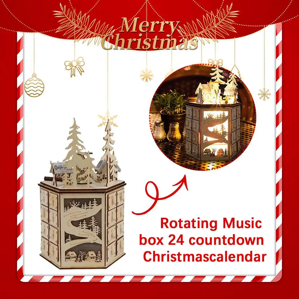 

LED Rotating Music 24 Countdown Christmas Calendar Wooden Christmas Advent Calendar Ornament For Festival Decor V6A5